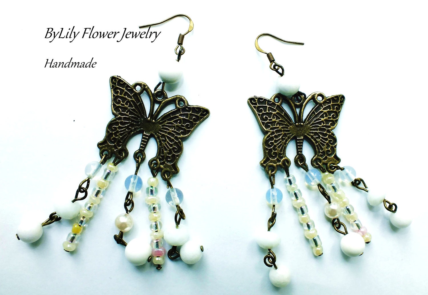 Vintage Long Dangle Earrings "White Vintage Butterflies" with Natural Jade and Cat's Eye stone