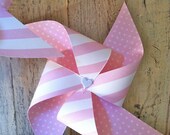 Pinwheels - Pink n White Striped with Heart center - set of 6 Piwheels