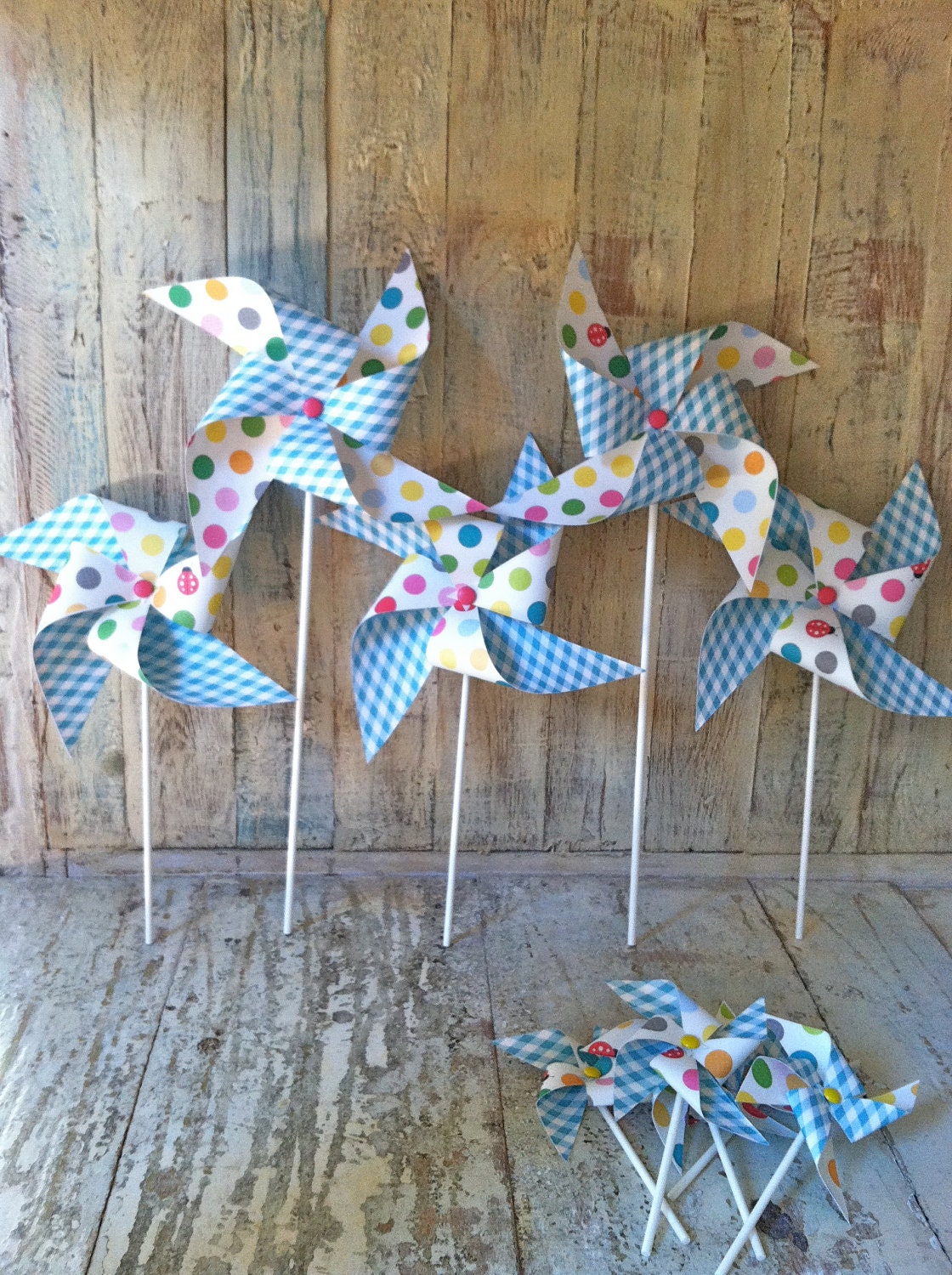 Pinwheels - Lady Bug Picnic - Set of 5 Tall Pinwheels and 12 Mini Pinwheels