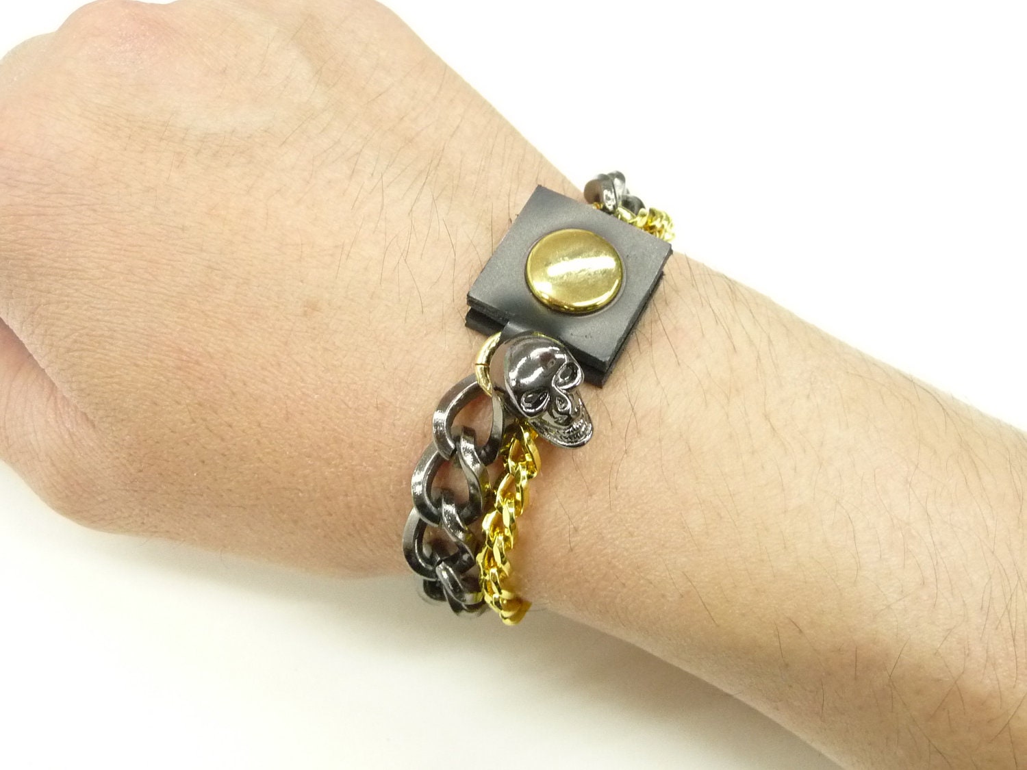 vintage metal multistrand bracelet, costume jewelry, skull chain, double chain bracelet, punk jewelry, halloween jewelry