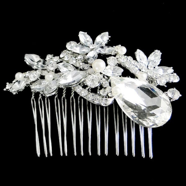 Vintage Swarovski Crystal, Bridal Hair Accessories, Wedding Pearl Hair Comb, Clear Rhinestone Silver Jewelry, Bridesmaid Gifts-112573329