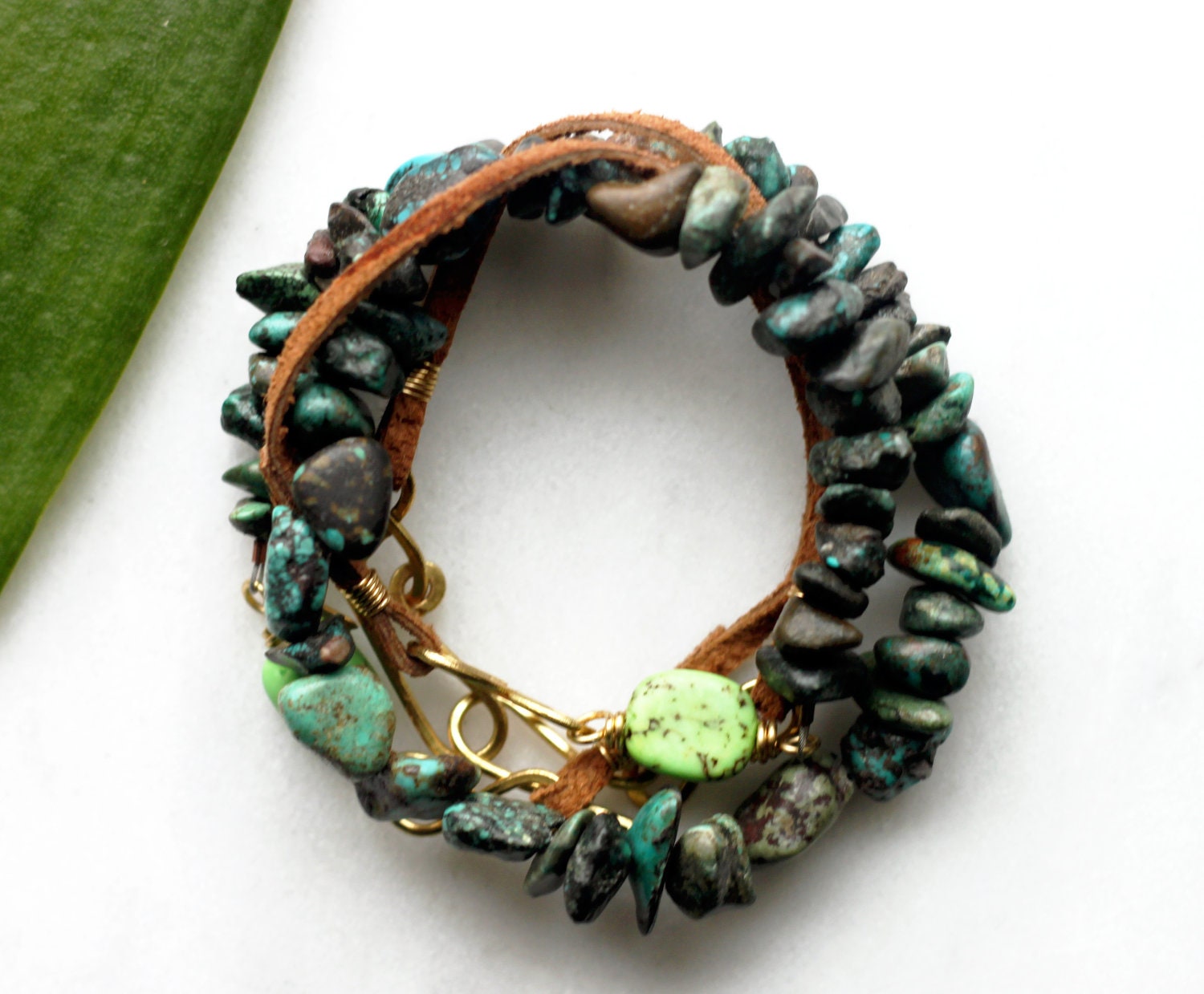 Turquoise Bracelet, Leather Bracelet, Wire Wrapped Jewelry, Handmade Jewelry, Long Beaded Bracelet, Beaded Wrap Bracelet, Boehmian Jewelry