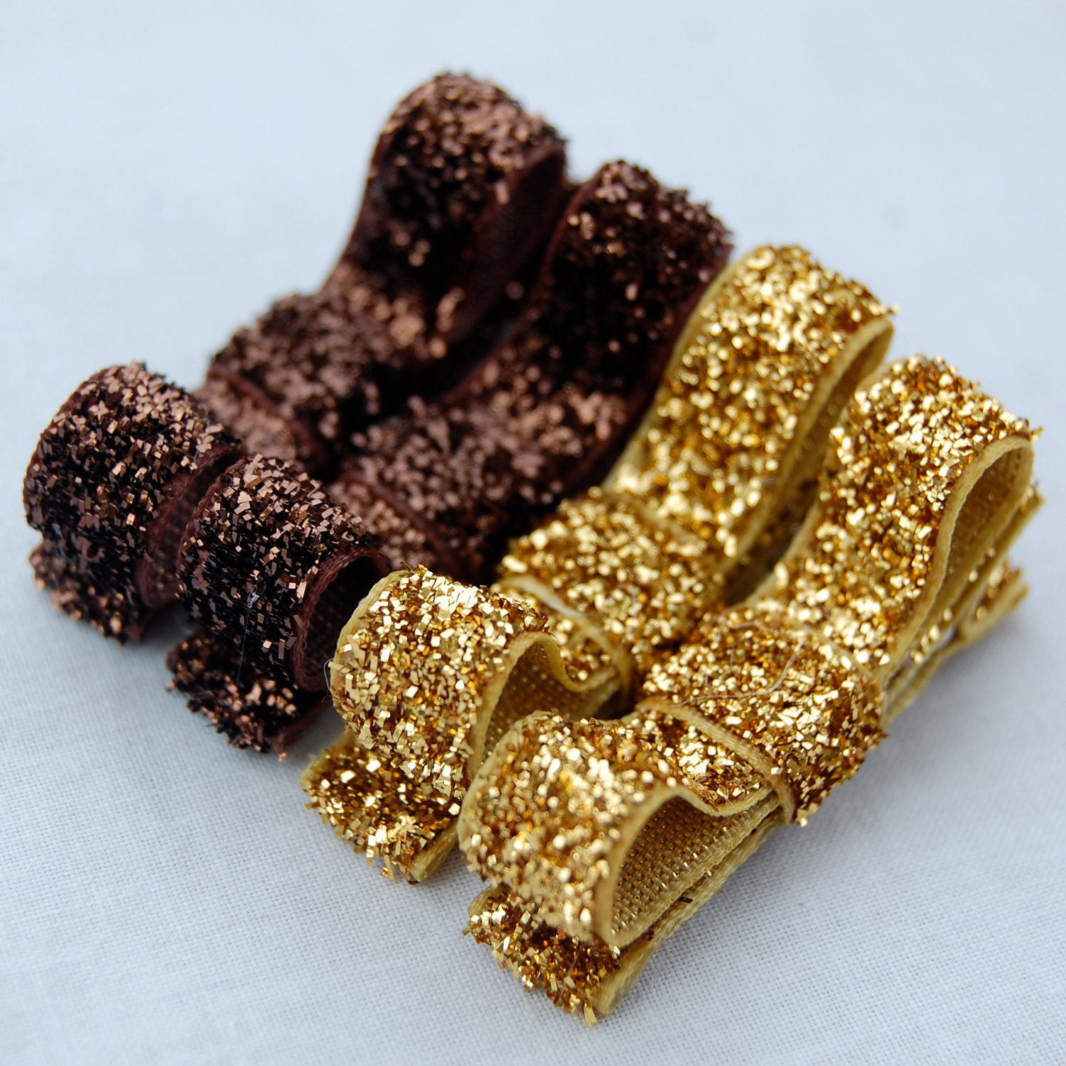 Sparkle Bow - Gold and Brown Hair Clips - Tuxedo Bow - Glitter Ribbon - Matching Set of 4 - Toddler to Big Girl Hair Bow