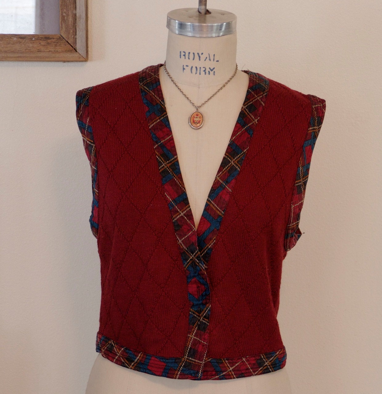 Funky Boho Velvet Argyle Open Vest 1970's Santa's Elf Gear 