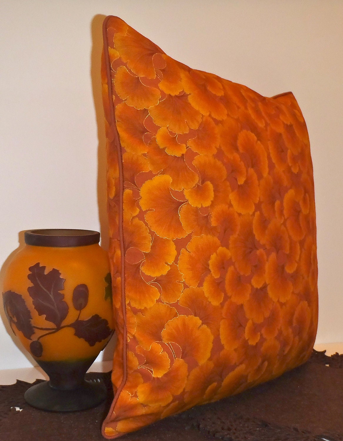 Decorative Handmade Pillow Cover 18"x18" Autumn/Fall/Year Round Bronze-Tonal Gold/Bronze Ginkgo Leave with Metallic Outlining