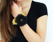 Wrist Cuff Corsage Headband Organza Flower and Gold Shantung Silk Leaves Hair Accessory - Sash -Belt - Corsage