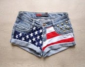 Make To Order - Vintage High Waist  American Flag Gold Circle Studded Cut Off Shorts