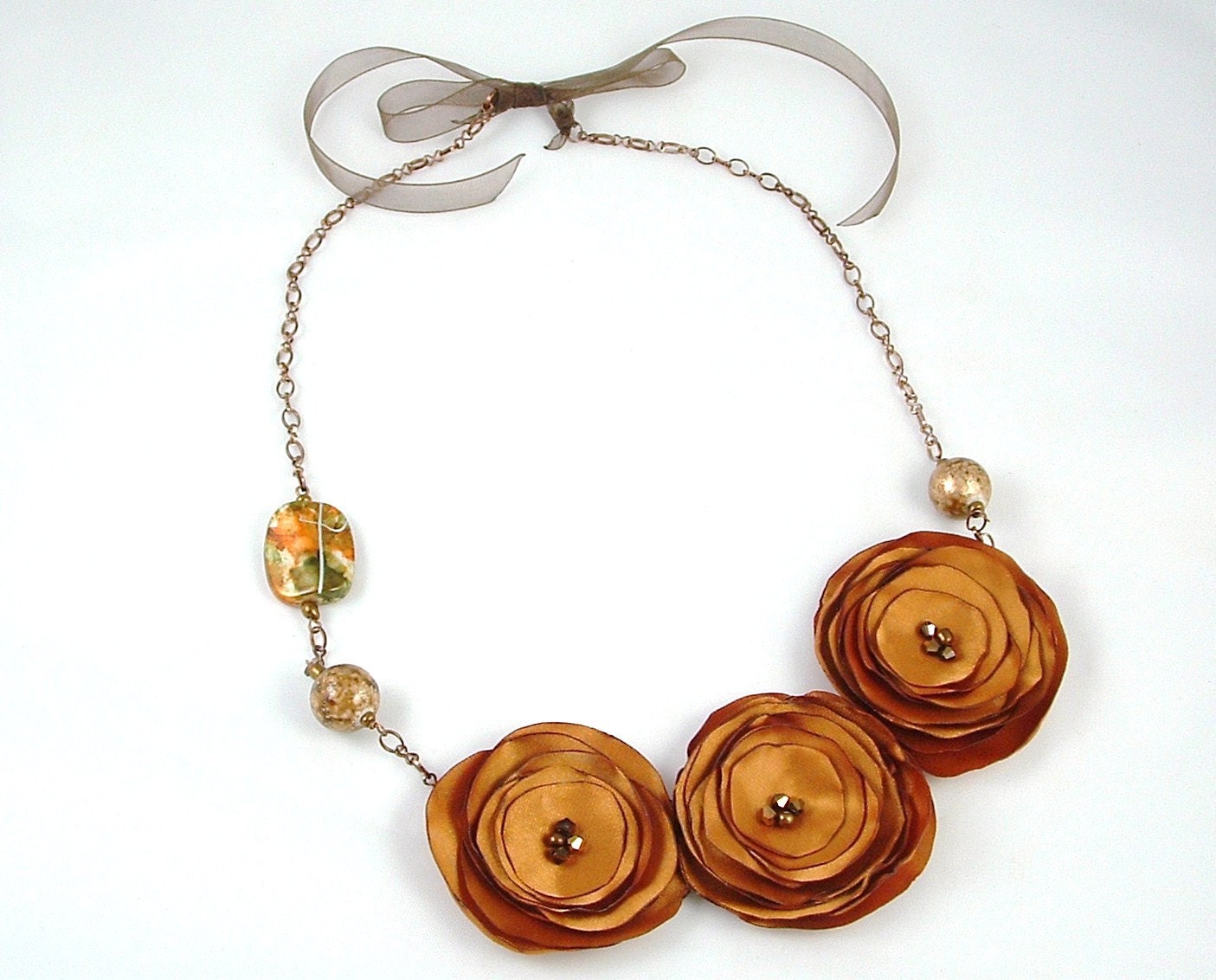 Granite Dark Gold Flower Fabric Necklace with glass beads and copper metal chain - GoodLuckWishes4U