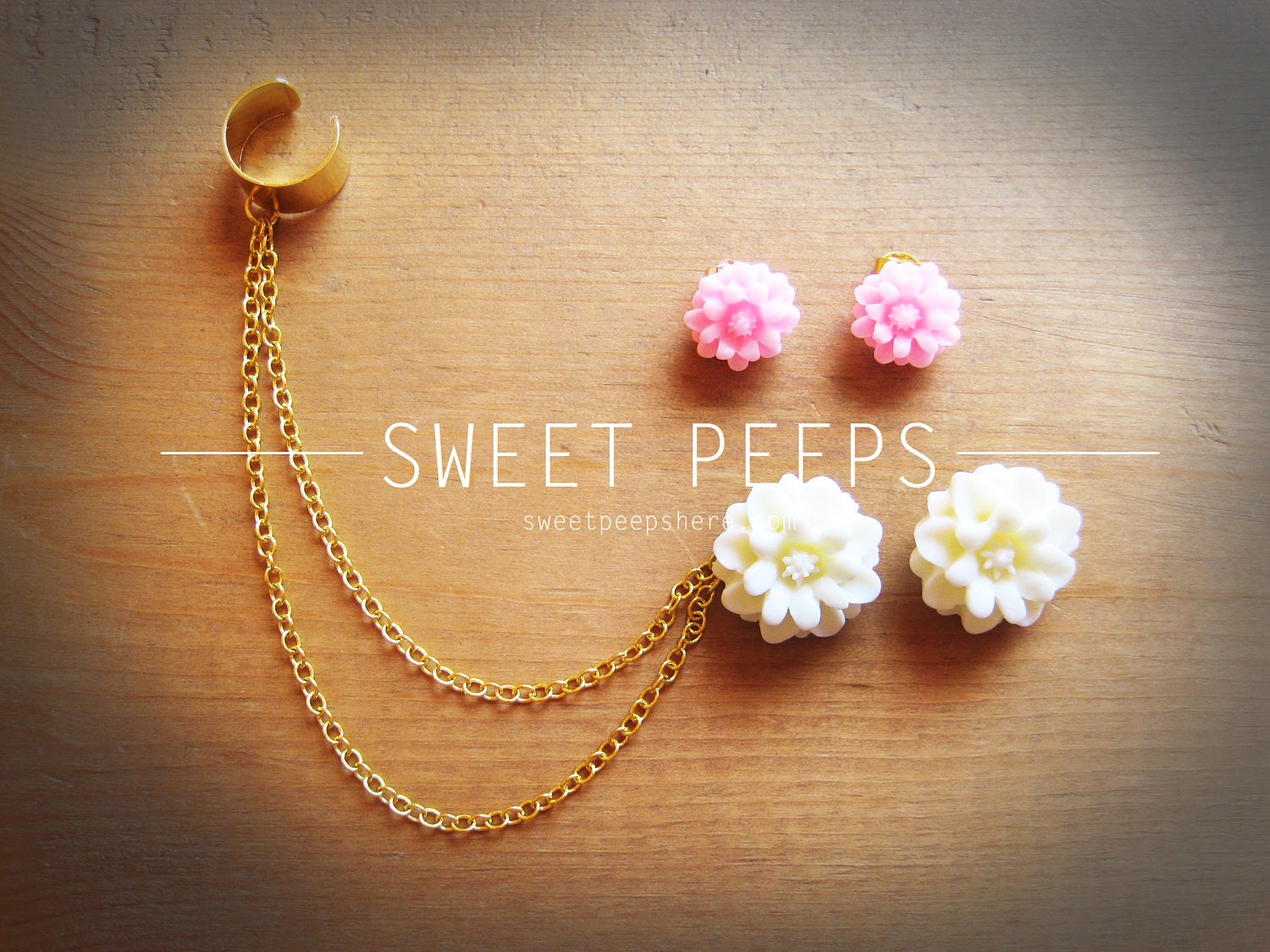 Big White and Pink Flower EarCuff