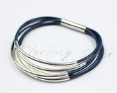 Sterling silver tubes bracelet, dark blue leather bracelet, silver plated magnetic clasp