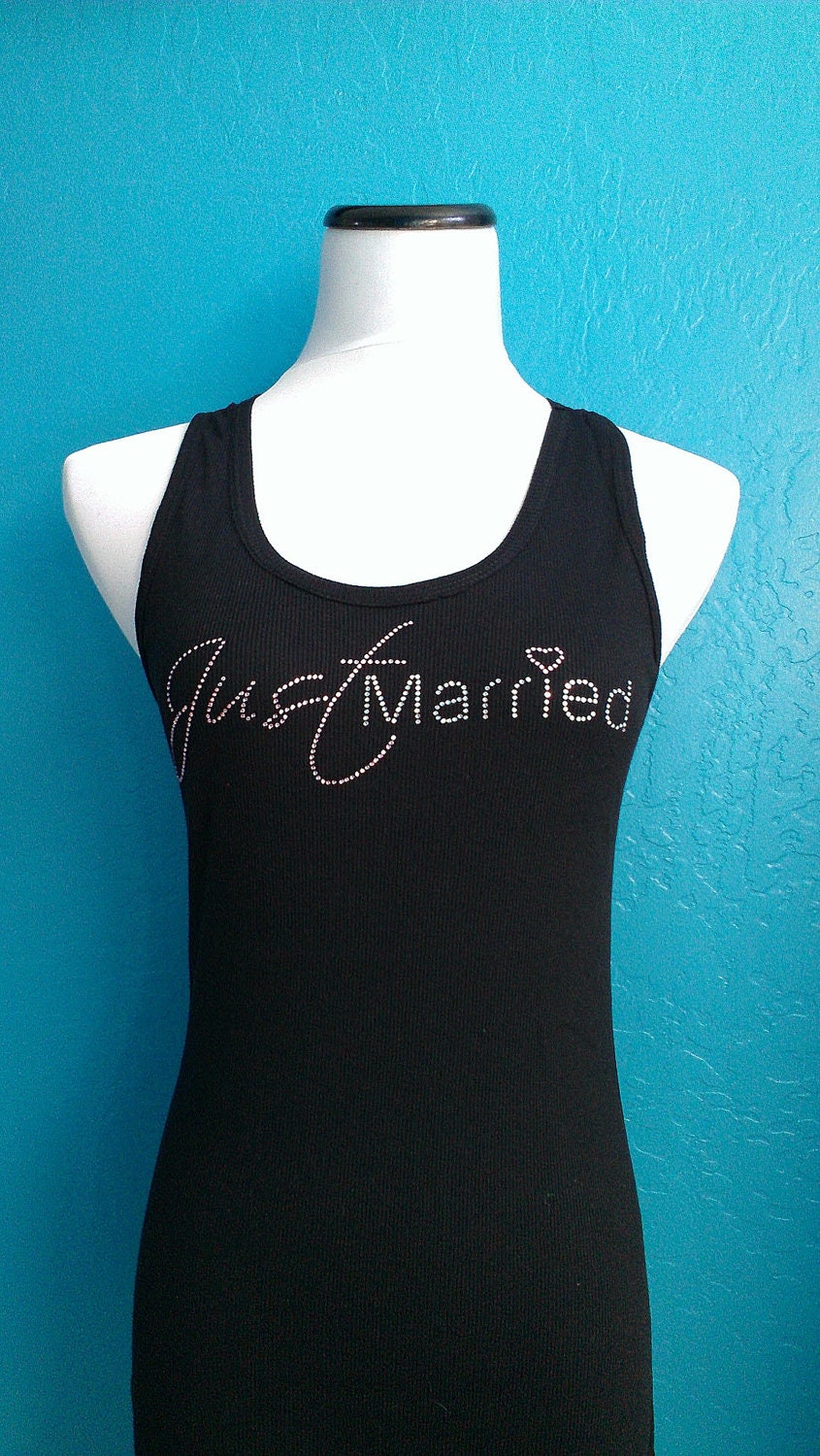 Just Married Tank Top Shirt - Half Lace Racerback - Just Married Rhinestones for Bride. Wife. Wedding Gift. Honeymoon. Newlywed.