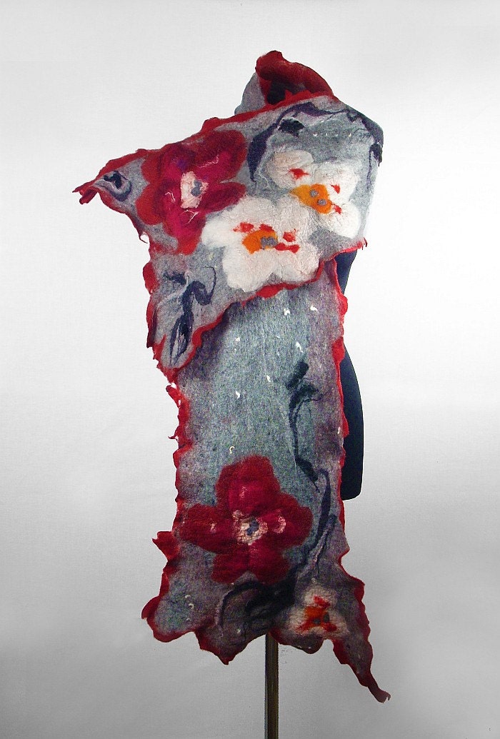 Grey Scarf Felted Scarf Nunofelt Scarf Felt Wrap Wool Scarves Flower scarf wild Nuno felt fairy multicolor floral shawl Fiber Art