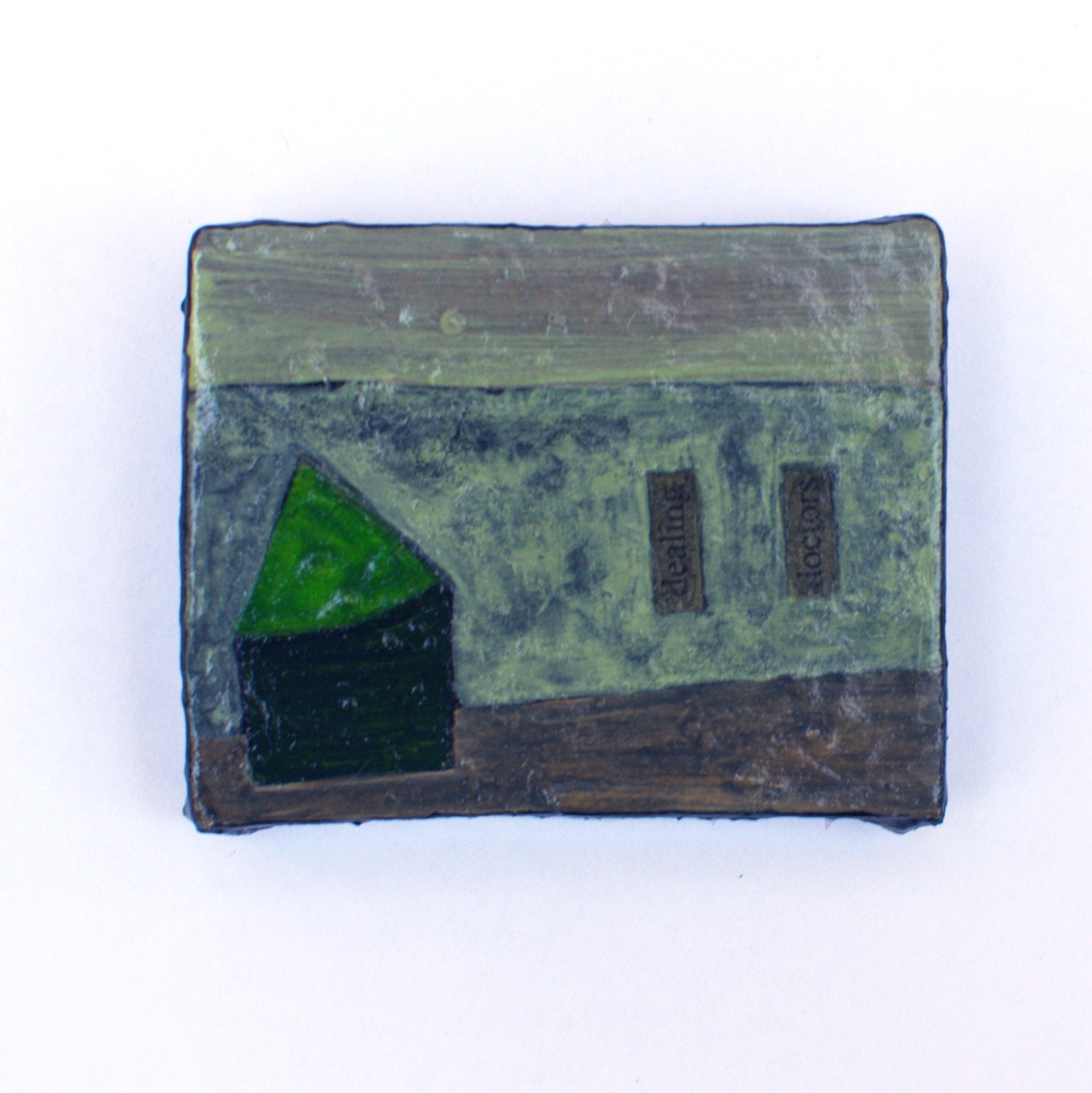 small landscape art - mixed media ORIGINAL art - naive painting - green house  -  House series - Titled: process