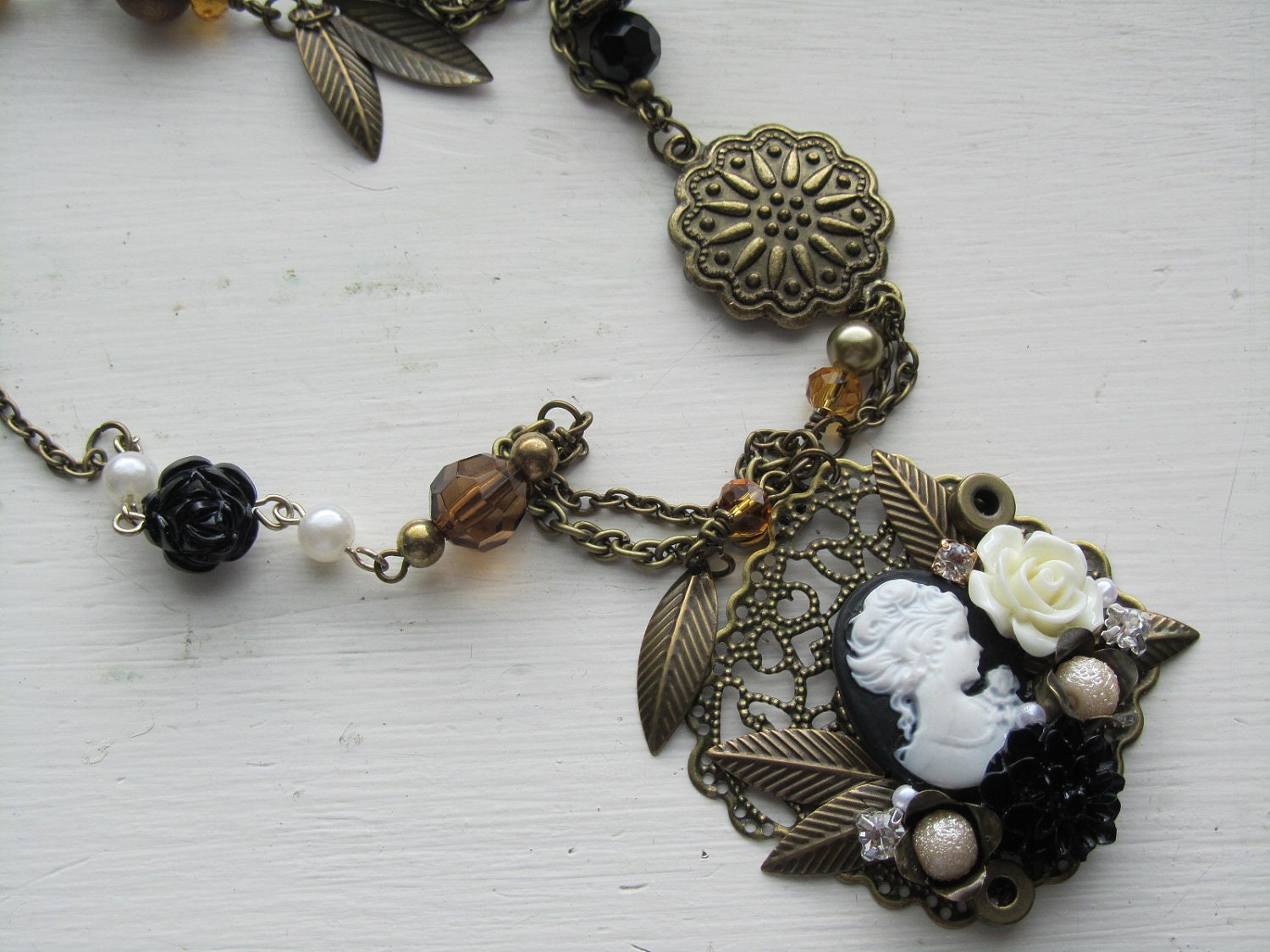 Handmade Mothers best vintage inspired English Cameo country garden lady necklace statement piece Goth steampunk