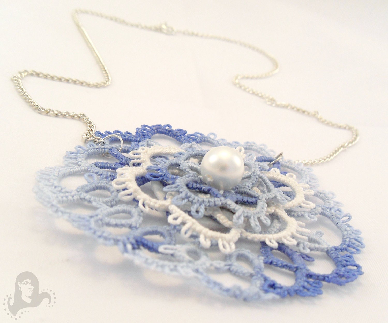Tatting blue and white medallion necklace - Cloudy Sky - Tatted necklace, lace medallion on a chain - MadeByRevi