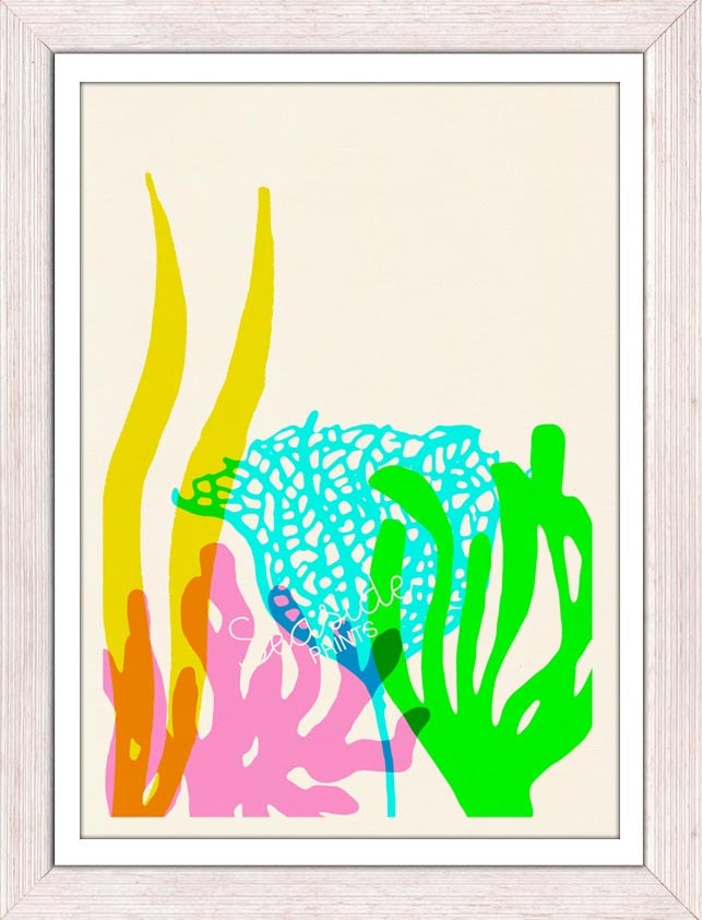 Antique Illustration Neon colors Ocean Kelp Seaweed  - sea life print - Marine  sea life illustration A4 print