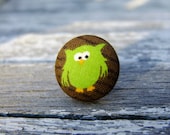Green owl ring fabric button bright lime brown wood adjustable cute round handmade