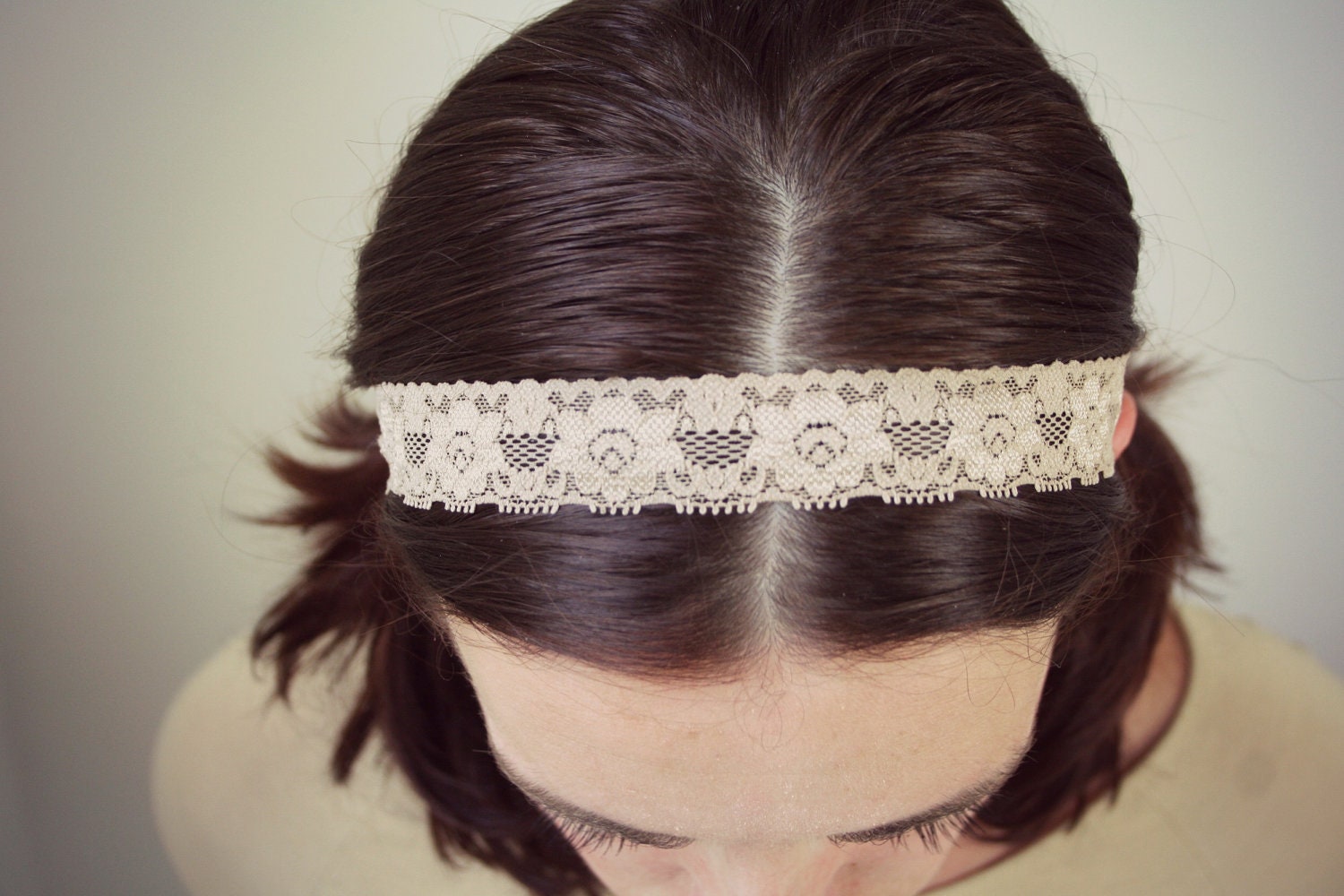 Floral lace headband, cream boho headband, stretch lace - LilacCadillac