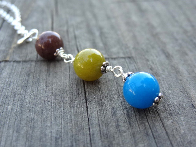Blue Green Brown Dyed Quartz Bead Pendant Crystal Silver Necklace Jewelry