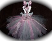 Pageant custom made pink and white Toddler girls 2pc  wedding flower girl tutu dress with matching hairbow size 6m 9m 12m 18m 24m 2t 3t 4t