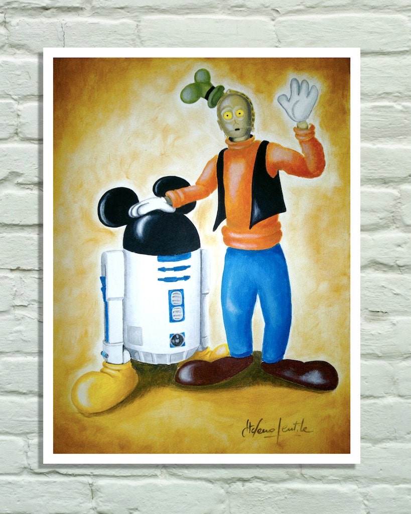 Poster 11"x17"-"Disneywars". R2D2 and C3PO after been bought by Walt Disney, as Mickey Mouse and Goofy. Laser print of my original painting
