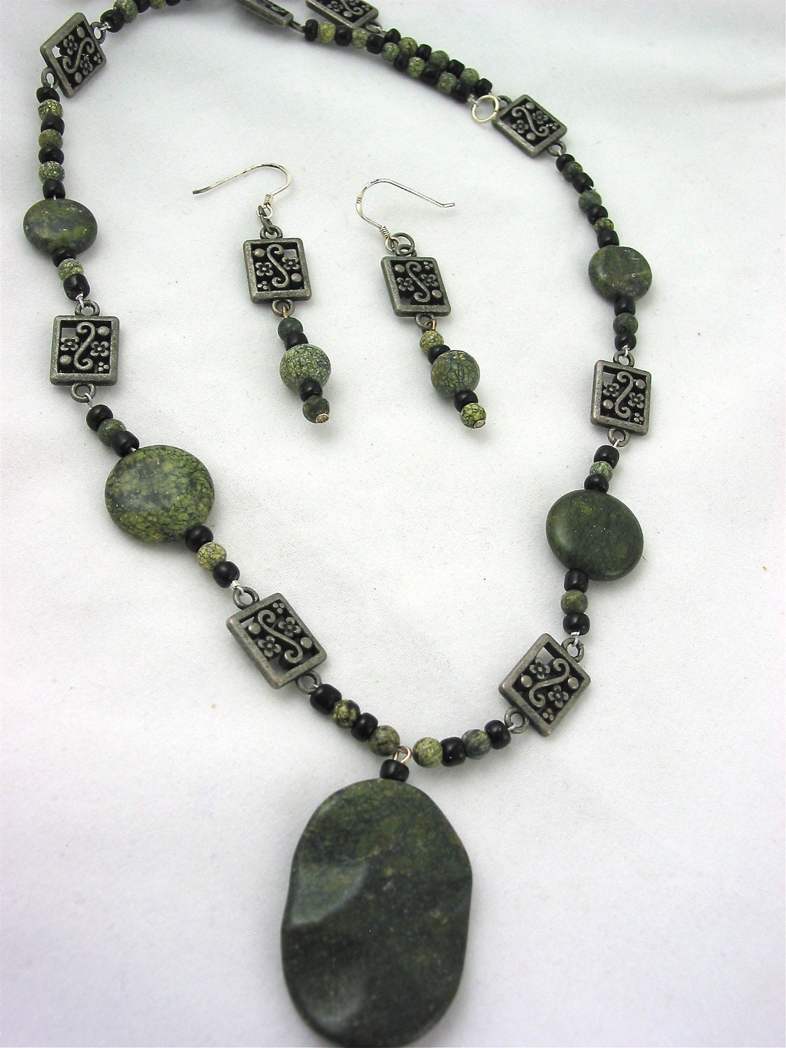 Russian Serpentine and Black Necklace and Earrings