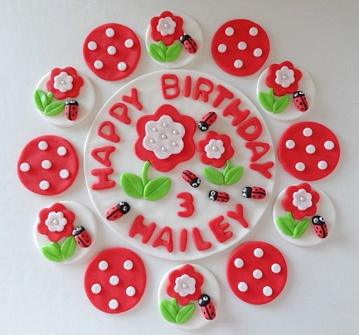 Party Package Fondant - 6" round cake topper with customized name, age and Happy Birthday and 12 fondant cupcake/cookie toppers