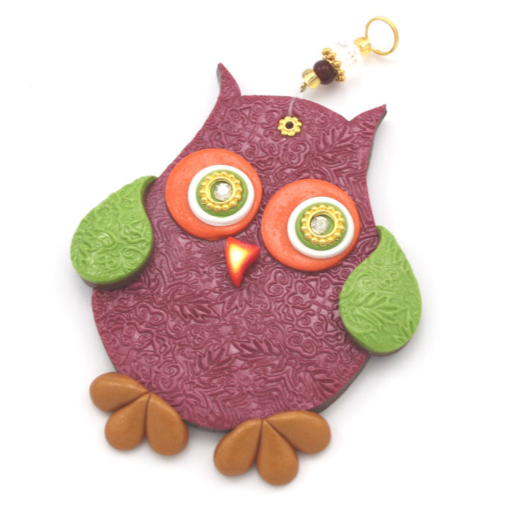 Chidren room decor, owl wall decor, polymer clay elegant owl in maroon, green, orange, gold and red