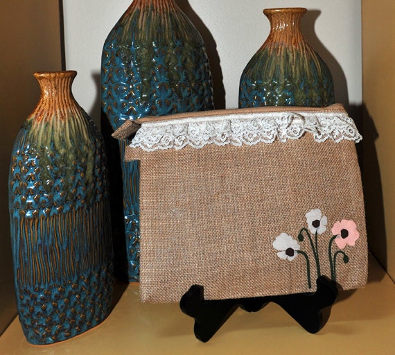 Frilly Lace and Peach/Pink Flowers Applique Large Jute Cosmetic Bag/Purse/Wristlet