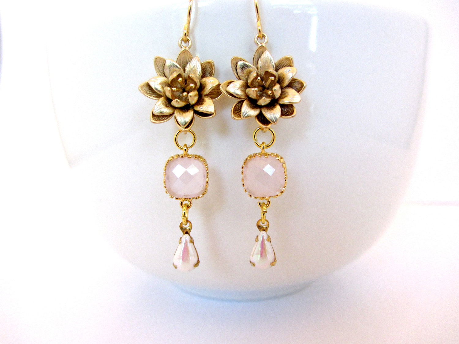 Gold Flower Earrings, Lotus Flower Dangle Earrings, Vintage Opal Glass Teardrop, White and PInk, Cloudy Pink Cubic Zirconia, C
