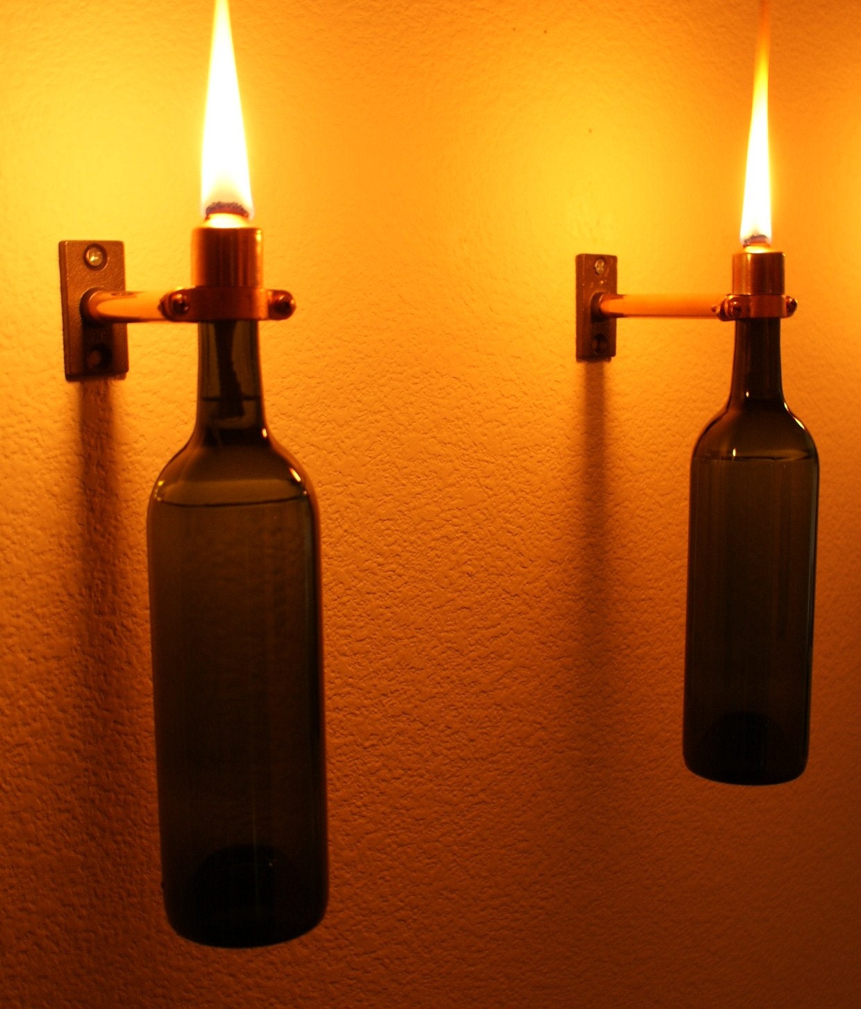 Set of 2 Copper INDOOR Green Wine Bottle Lanterns-Hanging Lantern, Hurricane Lantern, Indoor Lighting, Oil lamp, Wine Bottle Tiki Torch