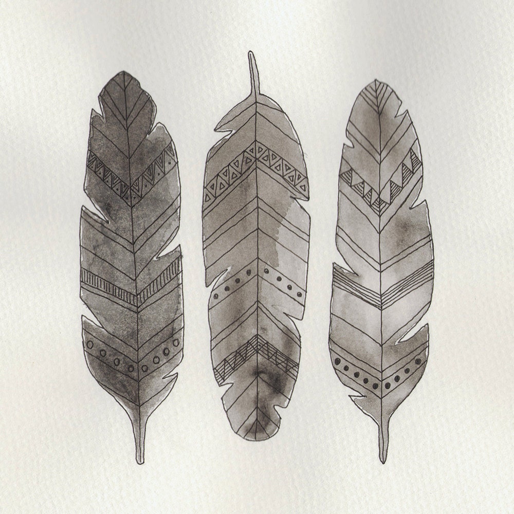 Black and White Monochrome Feather Triplet Illustration Greetings Card 6x6"