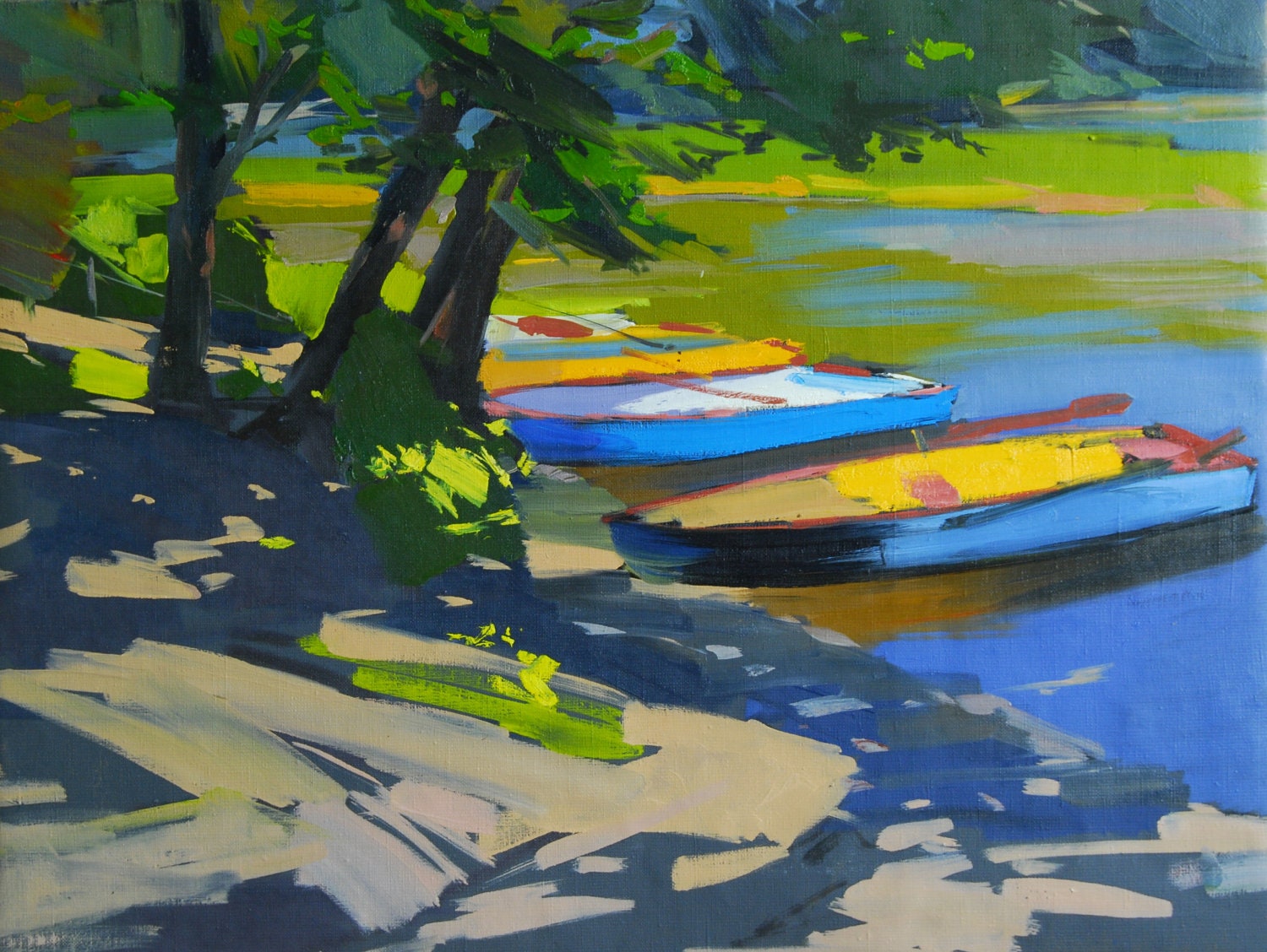 Abstract Landscape Blue Painting - Trees Boats Water Summer - Nature Painting -Modern Painting by Yuri Pysar