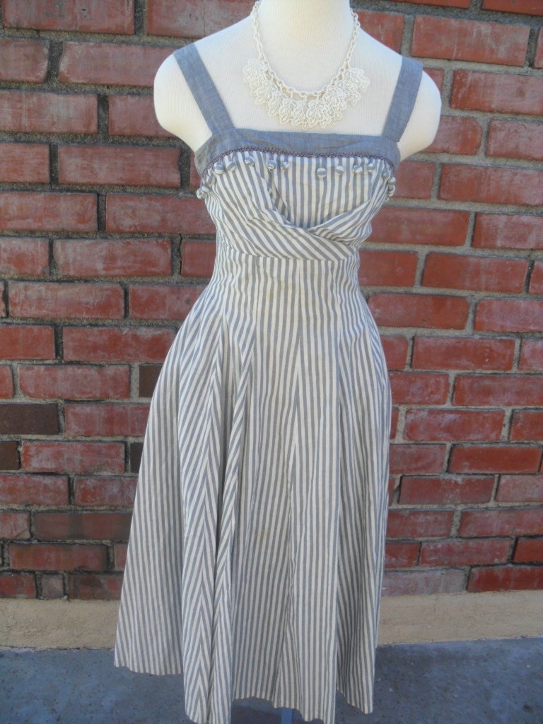 Vintage 1950s Gray & White Stripe Dress