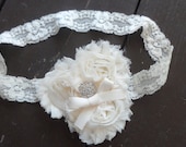 Triple Shabby Chic Headband - Chiffon Flower Stretch Lace Headband - Ivory - Rhinestone and Bow Detail - Customizable
