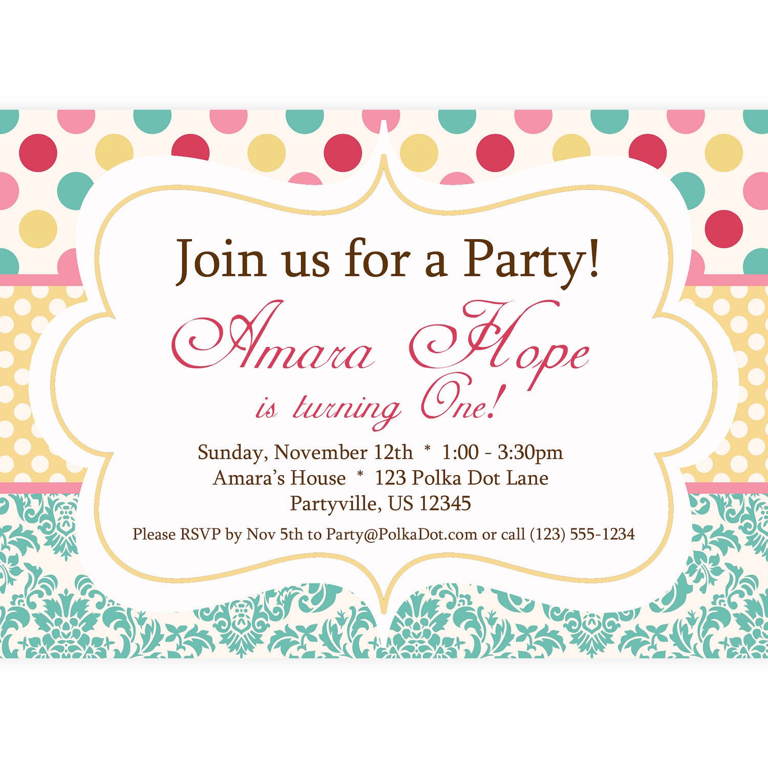 Polka Dot Invitation - Turquoise, Pink, Red and Yellow Polka Dot and Damask Personalized Birthday Party Invite - a Digital Printable File