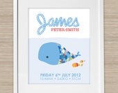 Custom whale baby nursery art, personalised baby name print, baby girl or baby boy art print, unframed 11x14 or 8x10 inch print.