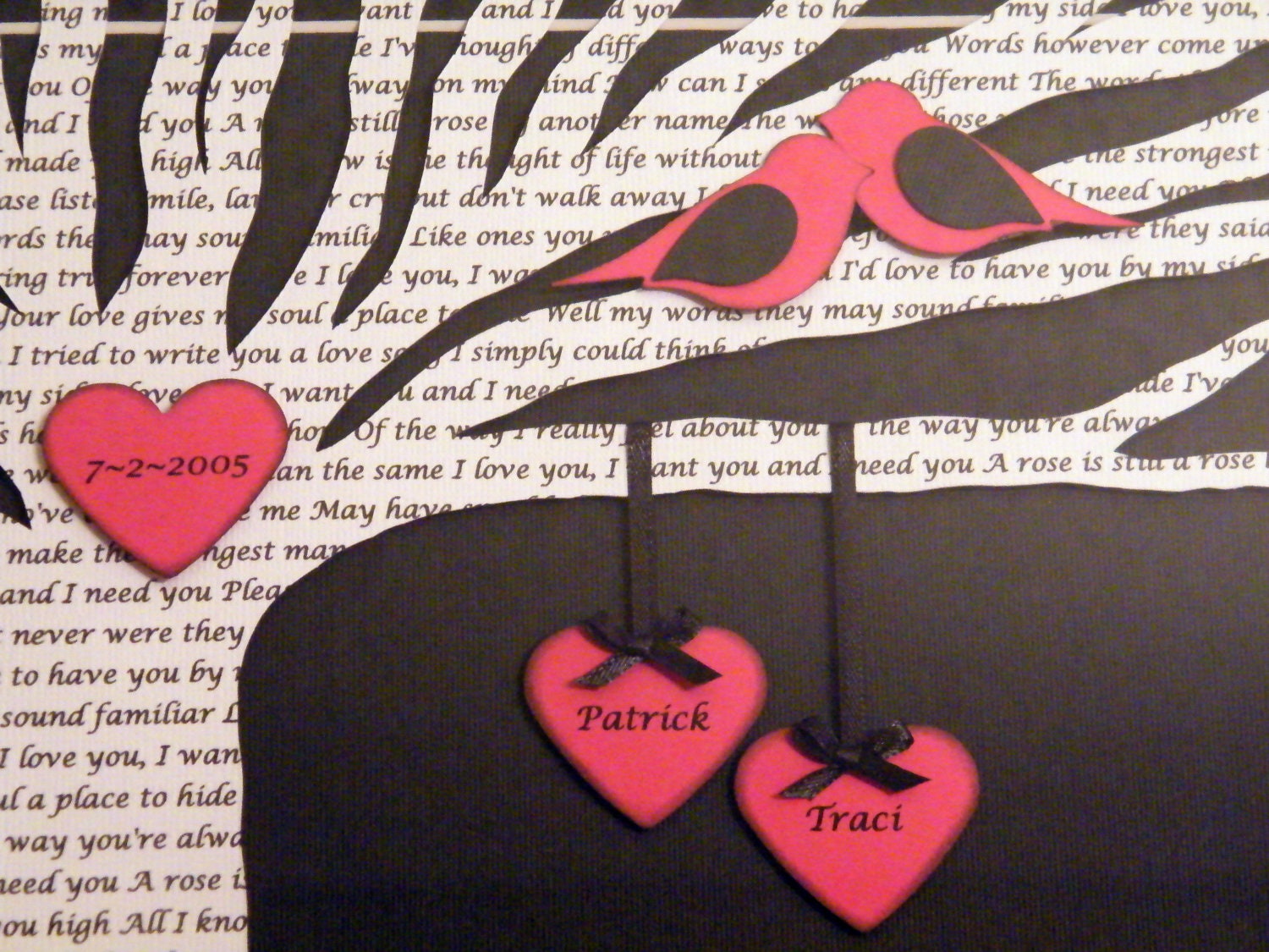 Personalized Wedding Gift - Anniversary Gift, Red, Black and White 3D Song Lyric Tree with Hearts and Love Birds - Framed
