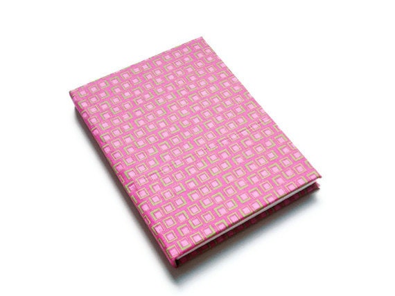 Blank Notebook -  Case Binding Blank Book - Pink Squares Fabric Covered Journal - Easter or Mothers Day Gift