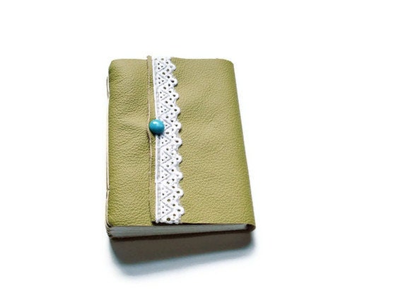 Leather Journal -  Lace on Pea Green Handbound Jotter Blank Notebook - Cowhide Leather  - Spring Easter Gift