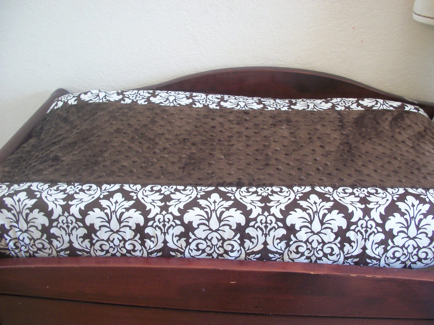 Brown Damask Brown Minky Changing Pad Cover    Brown and White Damask and Minky    Your Choice of Minky Color