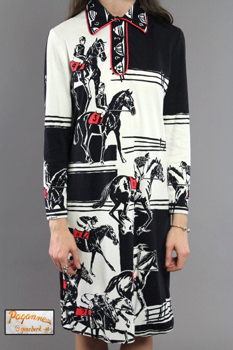 Vtg 60s Paganne Signed Novelty Racing Horses Dress S-M