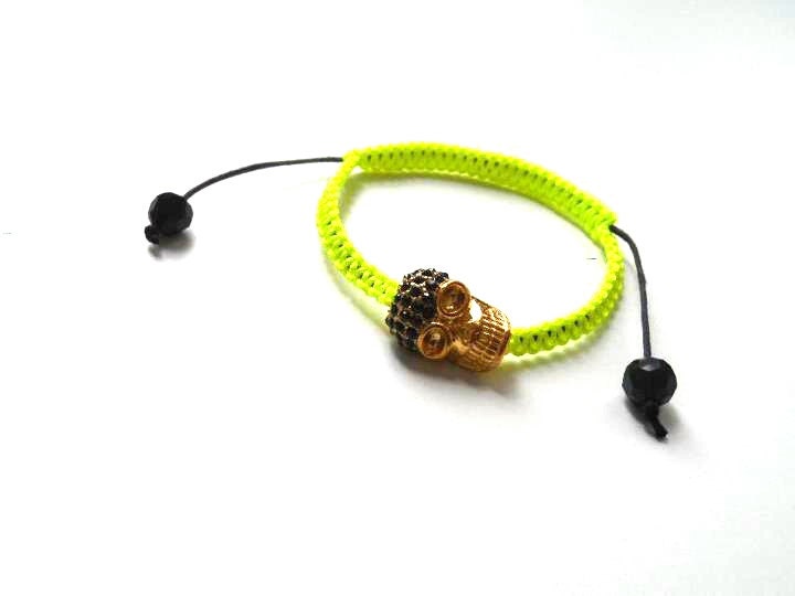 Halloween Gold Skull with Black Swarovski Neon Yellow Shamballa Bracelet