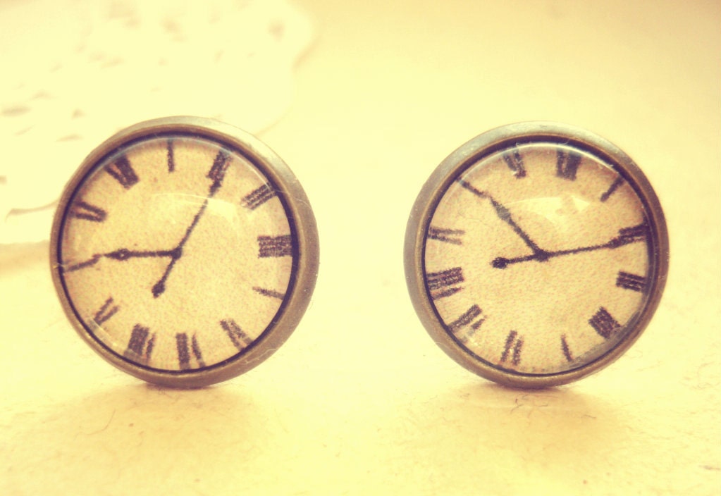 Retro Vintage Old Clock Stud Earrings - Free Shipping - Made to order :)