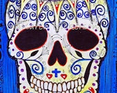 ORIGINAL PAINTING Mexican Day of the Dead Sugar Skull Primitive Southwestern Modern Folk Art Signed Karen Hickerson - Free Shipping
