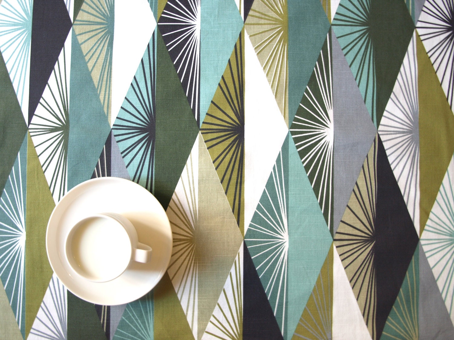 Tablecloth turquoise mustard grey abstract triangles 37"x37" or made to order your size, also napkins, table runner available, with GIFT