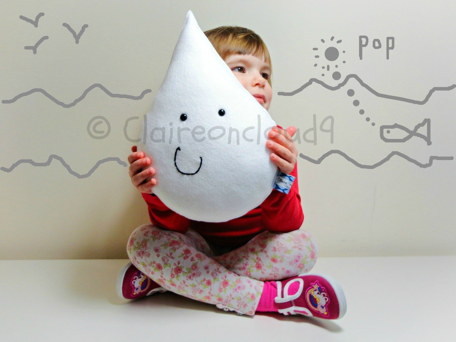 MR HAPPY RAINDROP - White Pillow Cushion Baby Nursery Kids Bedroom Home Decoration