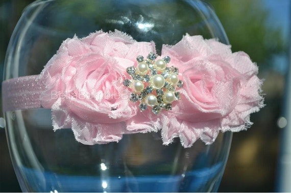 Light Pink Baby Girl Headband Shabby Chic Flower Headbands, Baby Bows, Fits Newborn, Infant or Toddler, Vintage Style, Pearl Center