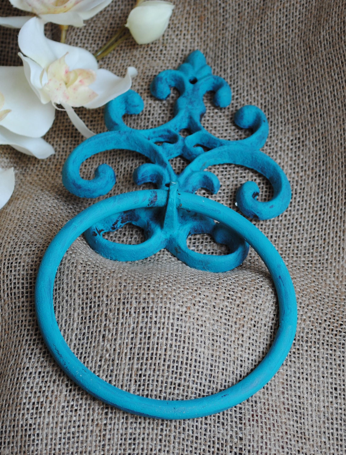 Hand Towel Ring - Fleur de lis Holder - Pale Yellow Distressed Cast Iron - Bathroom Metal Fixture - Accessory Rack - Shabby Chic
