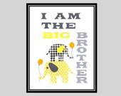 Modern Elephant Nursery Art, Gray and Yellow Big Brother Art Print, Elephant and Balloons 8 x 10 Kids collage prints